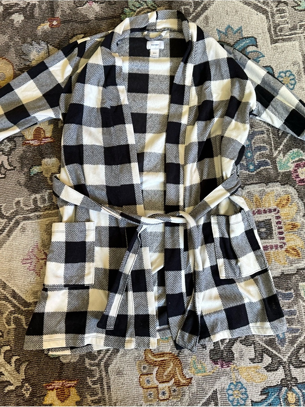 Old Navy Black White Buffalo Plaid Fleece Wrap Tie Robe XS/S